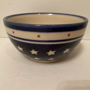 POLISH POTTERY BOWL BLUE WHITE STARS HANDMADE HOME DINING CEREAL FRUIT DINNER